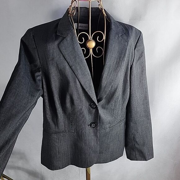 Chic Calvin Klein Pinstriped Gray Blazer - Picture 1 of 13